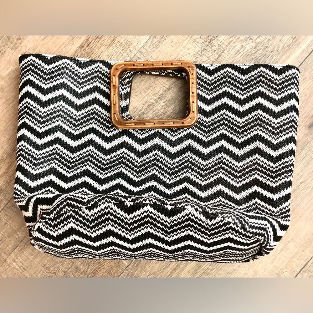 Vintage Woven Chevron Black & White Tote with Wood Handle
